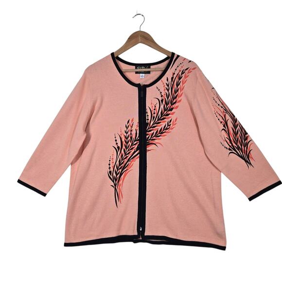 VTG Bob Mackie Wearable Art Cardigan Jacket sz XL Peach Black Zip Up Artsy READ - Picture 1 of 14